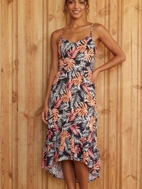 Maison Jules Black High-Low Slip Dress with Coral and White Tropical Print